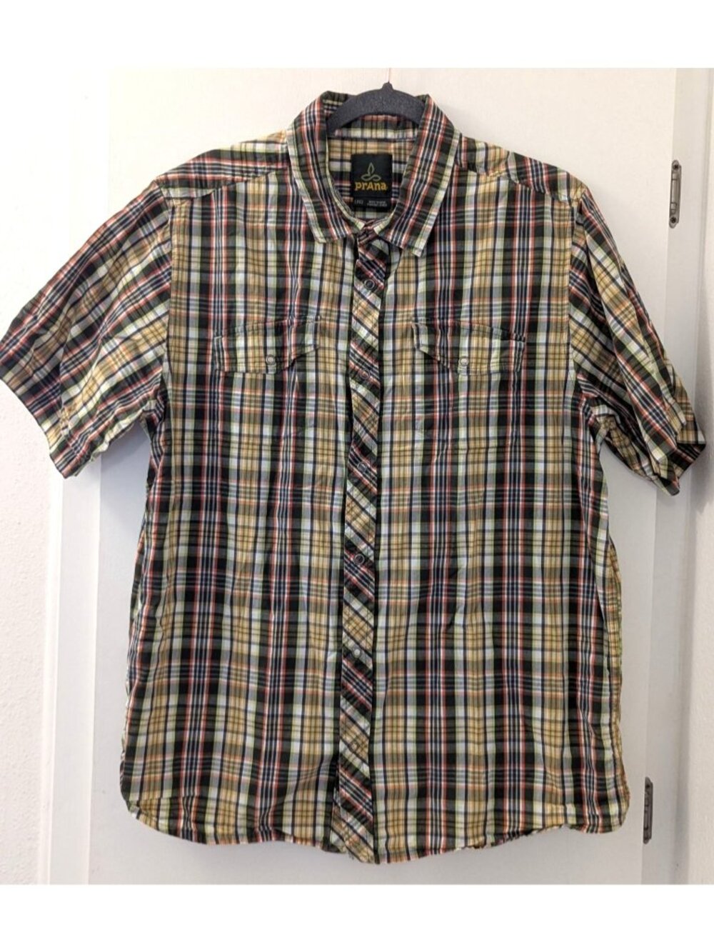Prana Mens Large Plaid Short Sleeve Button-Down Shirt In Yellow & Green